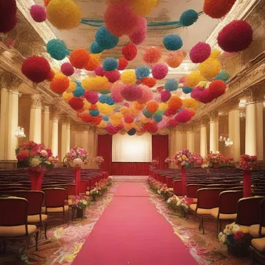 In the movie, the grand ballroom was adorned with festoons of colorful flowers and ribbons.