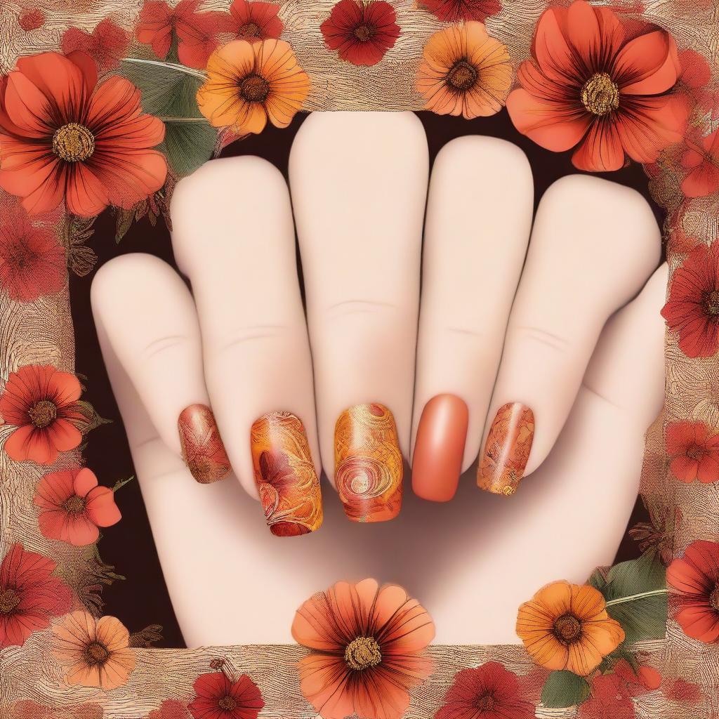 A high-quality digital art image displays short nails adorned with floral designs in warm tones