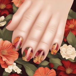 A high-quality digital art image displays short nails adorned with floral designs in warm tones