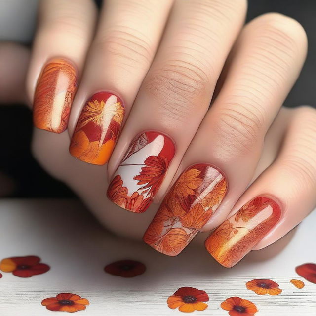 A high-quality digital art image displays short nails adorned with floral designs in warm tones