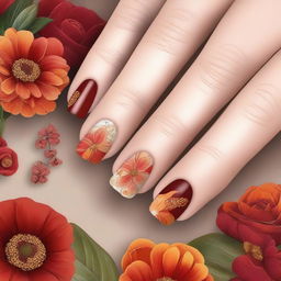 A high-quality digital art image displays short nails adorned with floral designs in warm tones