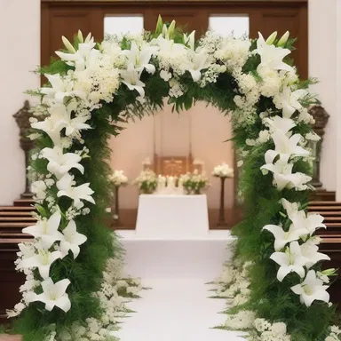 During the religious ceremony, the altar was beautifully decorated with festoons of white lilies and roses.