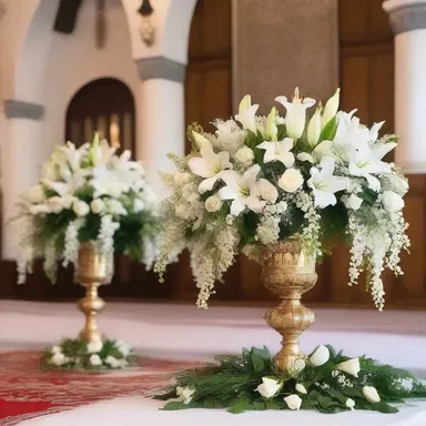 During the religious ceremony, the altar was beautifully decorated with festoons of white lilies and roses.