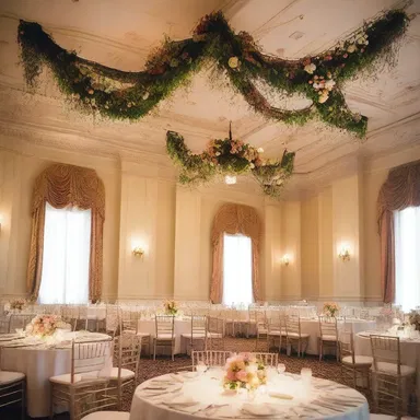 The festoon of flowers hanging from the ceiling added an elegant touch to the grand ballroom.