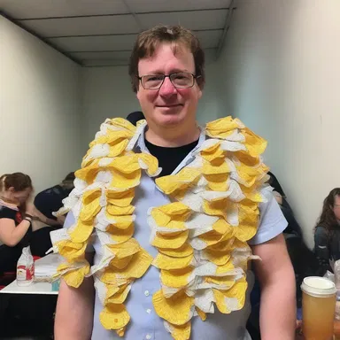 During a costume party, my friend showed up with a festoon made of old potato chip bags - it was a hilarious sight.