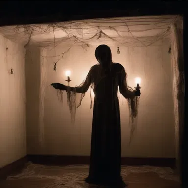 In the haunted house, the ghostly figure was surrounded by a creepy festoon made of cobwebs and hanging skeletons.