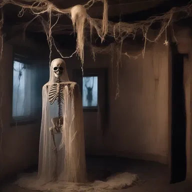 In the haunted house, the ghostly figure was surrounded by a creepy festoon made of cobwebs and hanging skeletons.