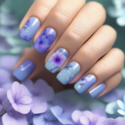 This high-quality digital art image features short nails painted in cool tones and adorned with delicate flowers