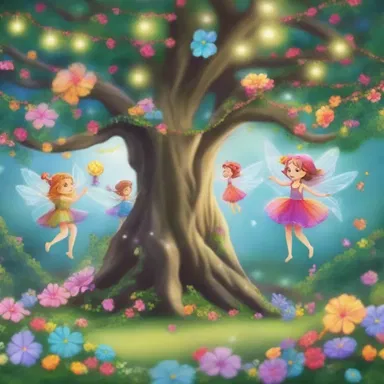In the magical land of Eldoria, the fairies festooned the trees with colorful garlands of flowers.