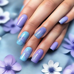 This high-quality digital art image features short nails painted in cool tones and adorned with delicate flowers