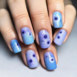 This high-quality digital art image features short nails painted in cool tones and adorned with delicate flowers