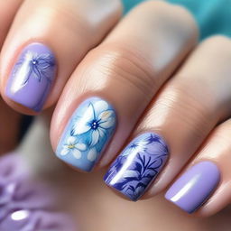 This high-quality digital art image features short nails painted in cool tones and adorned with delicate flowers