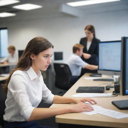 A young woman engrossed in her digital work in a bustling office environment while a colleague casually approaches her desk