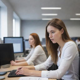 A young woman engrossed in her digital work in a bustling office environment while a colleague casually approaches her desk