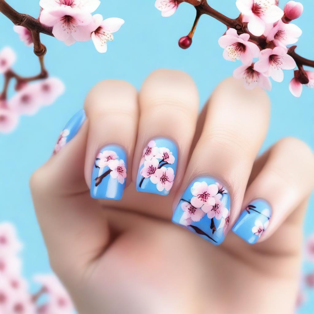 This is a high-resolution digital art image showcasing short nails painted in cool tones and adorned with cherry blossom flower designs