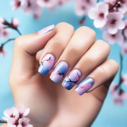 This is a high-resolution digital art image showcasing short nails painted in cool tones and adorned with cherry blossom flower designs