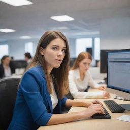 A young woman engrossed in her digital work in a bustling office environment while a colleague casually approaches her desk