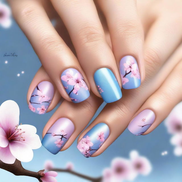 This is a high-resolution digital art image showcasing short nails painted in cool tones and adorned with cherry blossom flower designs