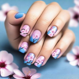 This is a high-resolution digital art image showcasing short nails painted in cool tones and adorned with cherry blossom flower designs