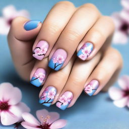 This is a high-resolution digital art image showcasing short nails painted in cool tones and adorned with cherry blossom flower designs