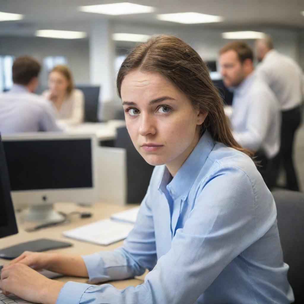 A young woman engrossed in her digital work in a bustling office environment while a colleague casually approaches her desk