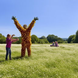 Cheerful children in a sunny field, engrossed in making daisy chains; while in the peaceful distance a single, harmless zombie is humorously decorated with daisies.