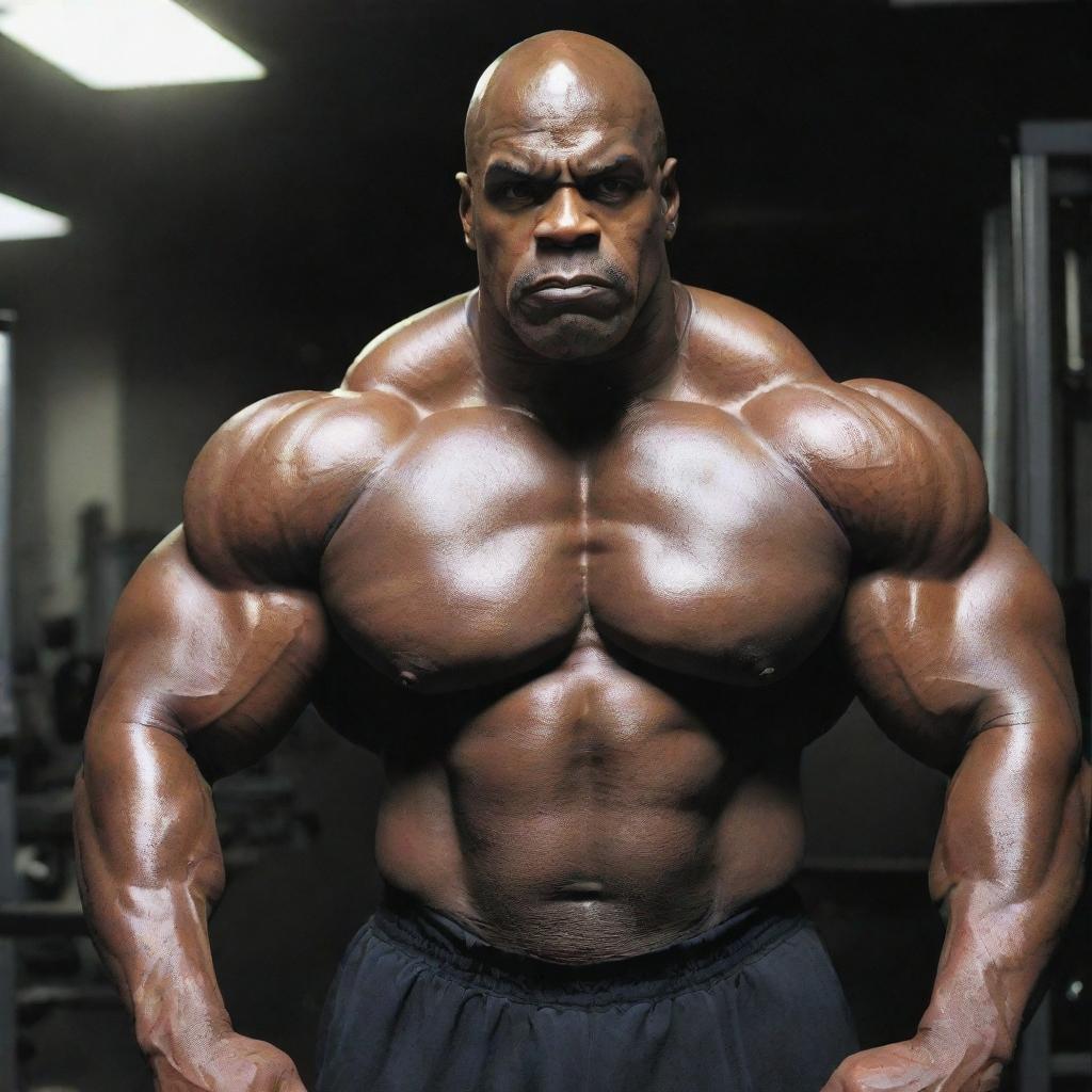 Enhance the terror: Ronnie Coleman now has glowing eyes and his monstrous-sized muscles are veined with throbbing energy. The gym is shrouded in heavy mist, under flickering lights adding an extra layer of intensity.