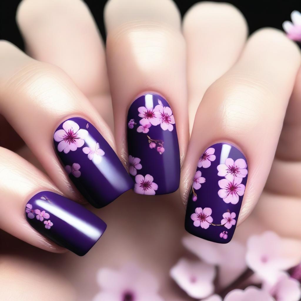 This digital art image of the highest quality presents short nails painted in bold purple tones, embellished with delicate cherry blossom designs