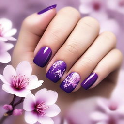 This digital art image of the highest quality presents short nails painted in bold purple tones, embellished with delicate cherry blossom designs