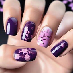 This digital art image of the highest quality presents short nails painted in bold purple tones, embellished with delicate cherry blossom designs