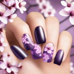 This digital art image of the highest quality presents short nails painted in bold purple tones, embellished with delicate cherry blossom designs