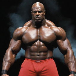 Unleashing primal fury, Ronnie Coleman's glowing eyes now blaze like fire, his monstrous muscles pulsate menacingly. His angry expression echoes through the mist-shrouded, desolate gym, under the sinister flicker of forgotten lights.