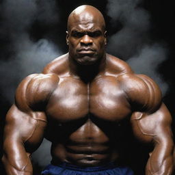 Unleashing primal fury, Ronnie Coleman's glowing eyes now blaze like fire, his monstrous muscles pulsate menacingly. His angry expression echoes through the mist-shrouded, desolate gym, under the sinister flicker of forgotten lights.