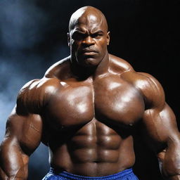 Unleashing primal fury, Ronnie Coleman's glowing eyes now blaze like fire, his monstrous muscles pulsate menacingly. His angry expression echoes through the mist-shrouded, desolate gym, under the sinister flicker of forgotten lights.