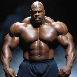 Unleashing primal fury, Ronnie Coleman's glowing eyes now blaze like fire, his monstrous muscles pulsate menacingly. His angry expression echoes through the mist-shrouded, desolate gym, under the sinister flicker of forgotten lights.