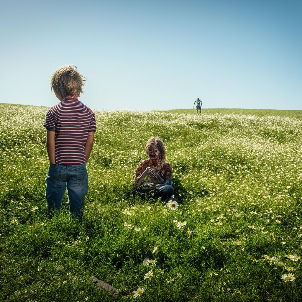 Cheerful children in a sunny field, engrossed in making daisy chains; while in the peaceful distance a single, harmless zombie is humorously decorated with daisies.