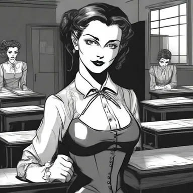 In the dark and eerie classroom, the mistress with her stern gaze and twisted smile kept the students on edge.