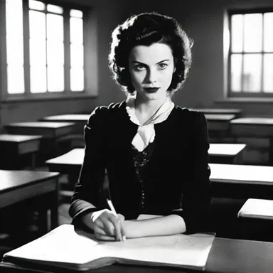 In the dark and eerie classroom, the mistress with her stern gaze and twisted smile kept the students on edge.
