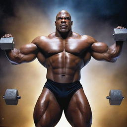 Elevate the scene to a galactic level. Angry, monstrous Ronnie Coleman lifts dumbbells made of pulsating star matter, his glowing eyes casting a celestial glow. He stands defiantly in the misty, deserted gym, its walls opening to a cosmic nebula backdrop.