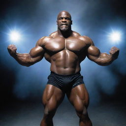 Elevate the scene to a galactic level. Angry, monstrous Ronnie Coleman lifts dumbbells made of pulsating star matter, his glowing eyes casting a celestial glow. He stands defiantly in the misty, deserted gym, its walls opening to a cosmic nebula backdrop.