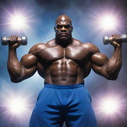 Elevate the scene to a galactic level. Angry, monstrous Ronnie Coleman lifts dumbbells made of pulsating star matter, his glowing eyes casting a celestial glow. He stands defiantly in the misty, deserted gym, its walls opening to a cosmic nebula backdrop.