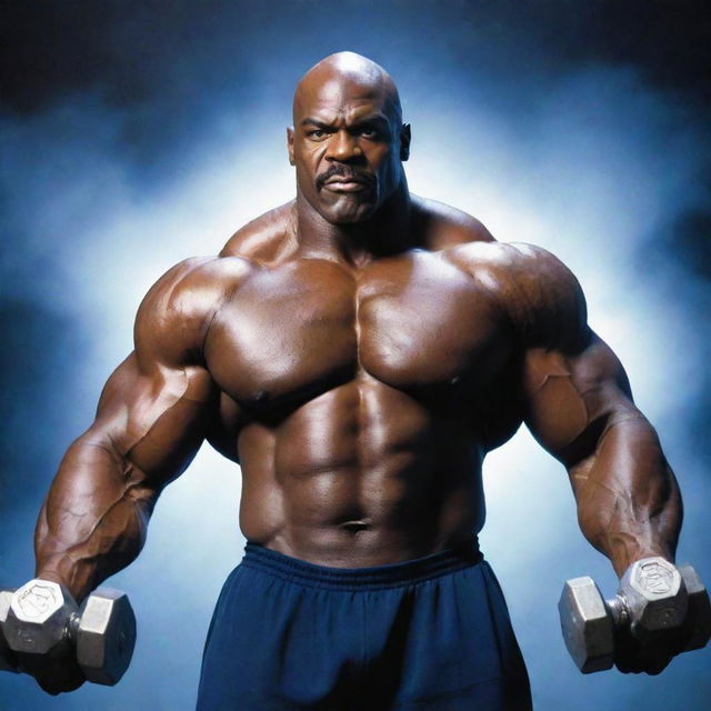 Elevate the scene to a galactic level. Angry, monstrous Ronnie Coleman lifts dumbbells made of pulsating star matter, his glowing eyes casting a celestial glow. He stands defiantly in the misty, deserted gym, its walls opening to a cosmic nebula backdrop.