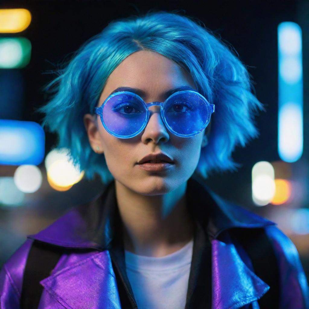 A character with electric blue hair, wearing round holographic glasses, and dressed in futuristic clothing with glowing neon details in the night.