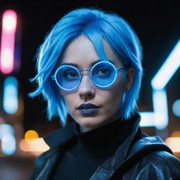 A character with electric blue hair, wearing round holographic glasses, and dressed in futuristic clothing with glowing neon details in the night.