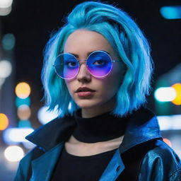 A character with electric blue hair, wearing round holographic glasses, and dressed in futuristic clothing with glowing neon details in the night.