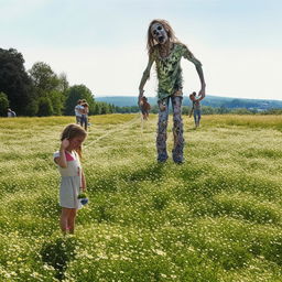 Cheerful children in a sunny field, engrossed in making daisy chains; while in the peaceful distance a single, harmless zombie is humorously decorated with daisies.