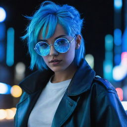 A character with electric blue hair, wearing round holographic glasses, and dressed in futuristic clothing with glowing neon details in the night.