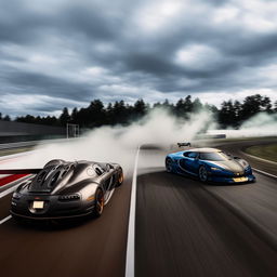 A thrilling drag race between a high-performance Koenigsegg and a state-of-the-art Bugatti. Both are on a racetrack with dust flying up due to their exorbitant speed.