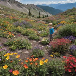 A vibrantly colored mountain garden teeming with small, diverse flowers, with a boy joyfully exploring amongst them.