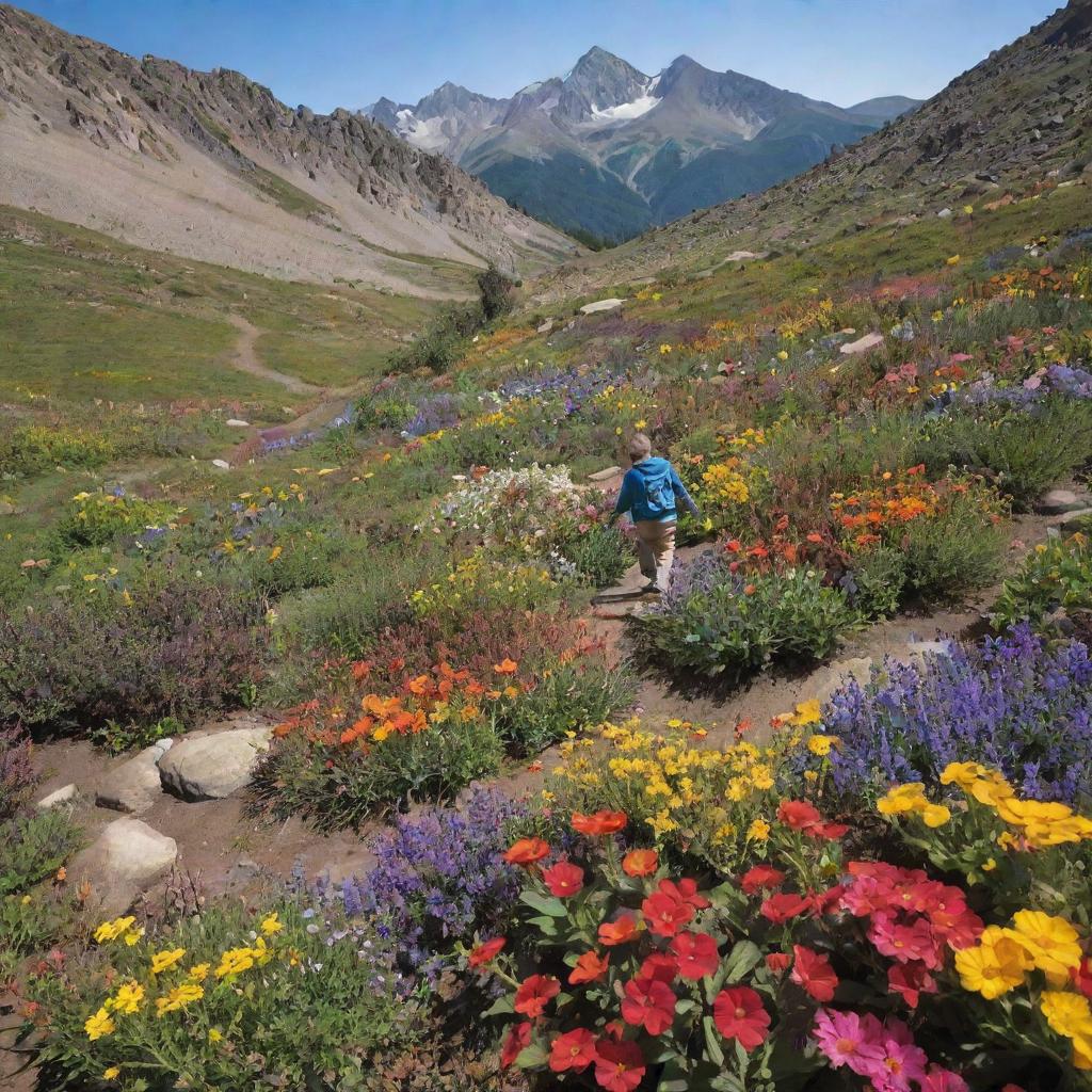 A vibrantly colored mountain garden teeming with small, diverse flowers, with a boy joyfully exploring amongst them.